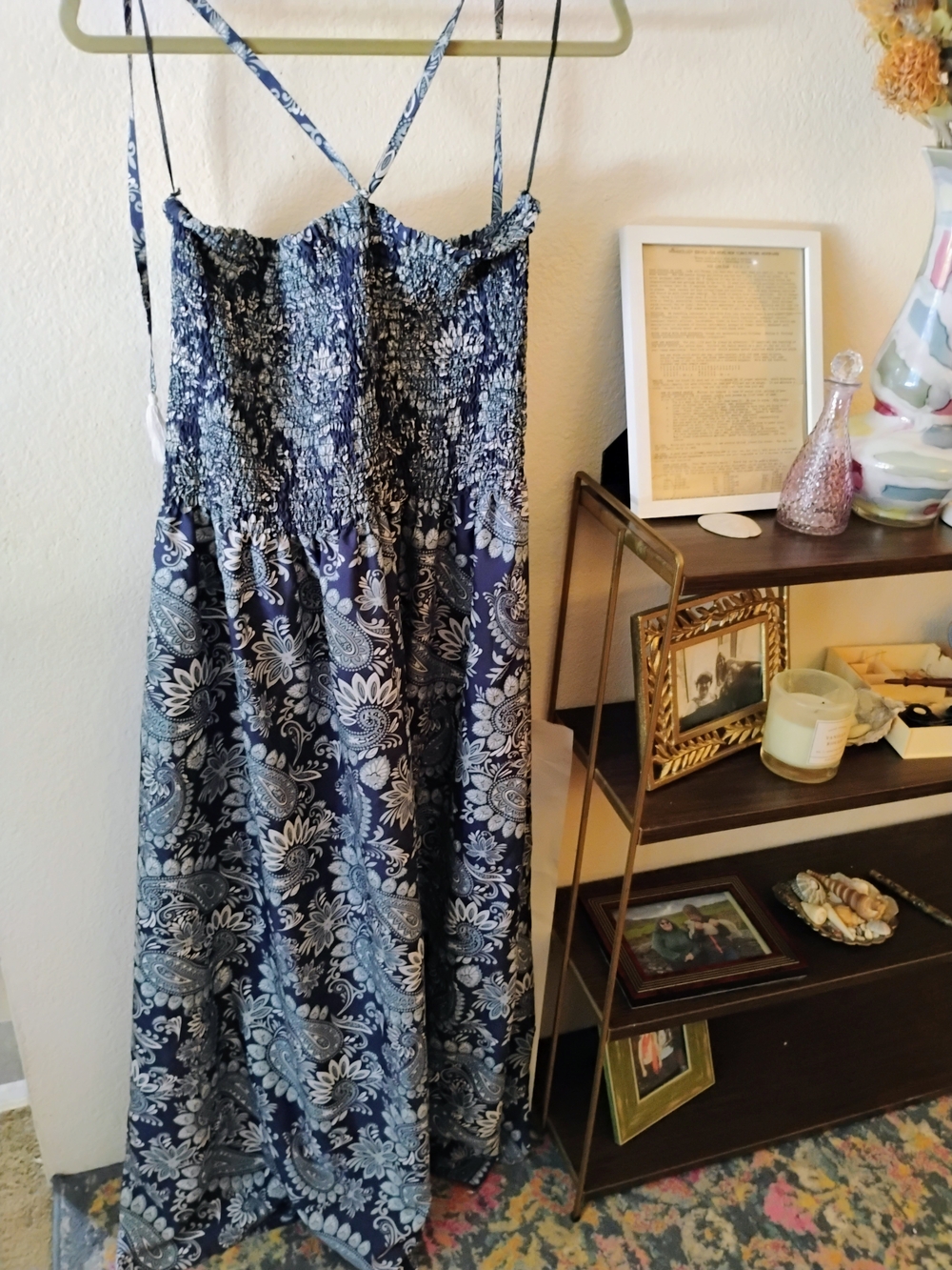 Gypsie Blu Boho Paisley Smocked Maxi Dress Navy Blue White Plus Size 1X